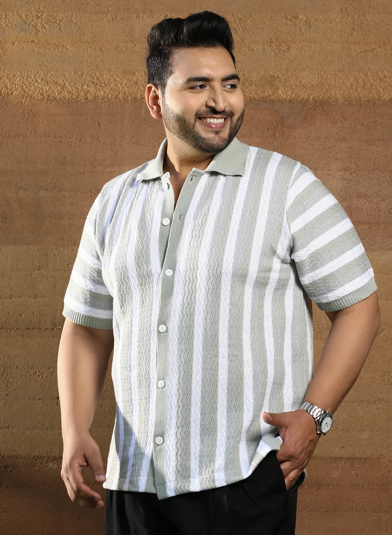 Instafab Plus Instafab Plus Men's Cloud Grey Panel-Knit Polo Shirt For Casual Wear | Polo Neck | Short Regular Sleeves | Button Closure | Plus Size Shirt Crafted With Comfort Fit For Everyday Wear