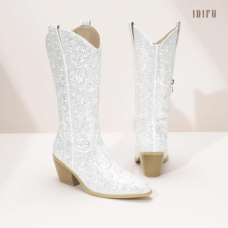 IDIFU White Rhinestone Cowboy Boots for Women Mid Calf Sparkly Western Cowgirl Pointed Toe Low Block Chunky Heel Glitter Country Cute Zipper Dress Booties Wedding Birde Boots(White Rhinestone, 8) - Image 5