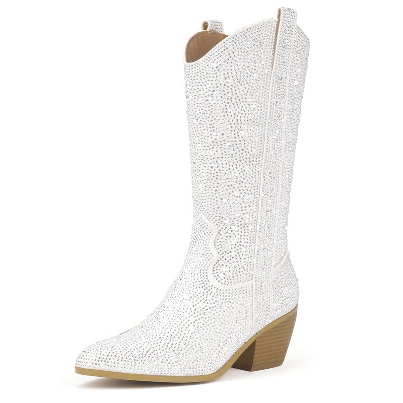 IDIFU White Rhinestone Cowboy Boots for Women Mid Calf Sparkly Western Cowgirl Pointed Toe Low Block Chunky Heel Glitter Country Cute Zipper Dress Booties Wedding Birde Boots(White Rhinestone, 8) - Image 1