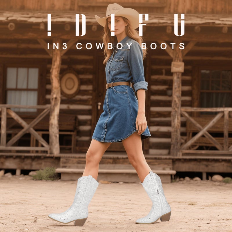IDIFU White Rhinestone Cowboy Boots for Women Mid Calf Sparkly Western Cowgirl Pointed Toe Low Block Chunky Heel Glitter Country Cute Zipper Dress Booties Wedding Birde Boots(White Rhinestone, 8) - Image 4