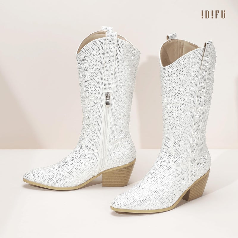 IDIFU White Rhinestone Cowboy Boots for Women Mid Calf Sparkly Western Cowgirl Pointed Toe Low Block Chunky Heel Glitter Country Cute Zipper Dress Booties Wedding Birde Boots(White Rhinestone, 8) - Image 3