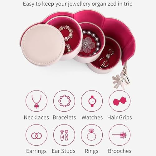 SIBY Travel Jewelry Organizer Roll – 3-Layer PU Leather Storage Box with Tassel Keyring, Compact & Stylish Design (Pink Interior) - Image 5