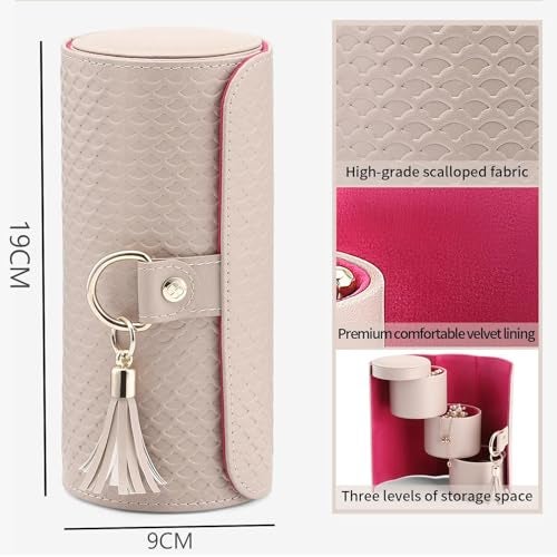 SIBY Travel Jewelry Organizer Roll – 3-Layer PU Leather Storage Box with Tassel Keyring, Compact & Stylish Design (Pink Interior) - Image 3