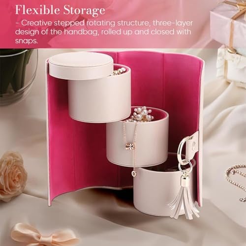 SIBY Travel Jewelry Organizer Roll – 3-Layer PU Leather Storage Box with Tassel Keyring, Compact & Stylish Design (Pink Interior) - Image 4