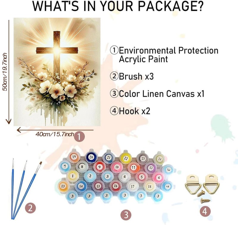 MBNTJHT Cross Paint by Numbers Kit for Adults Beginners,Easy Flowers and Christ Cross Paint by Number Kits on Canvas for Adults,DIY Acrylic Painting Art Kits for Home Wall Decor 16X20 Inch. - Image 2