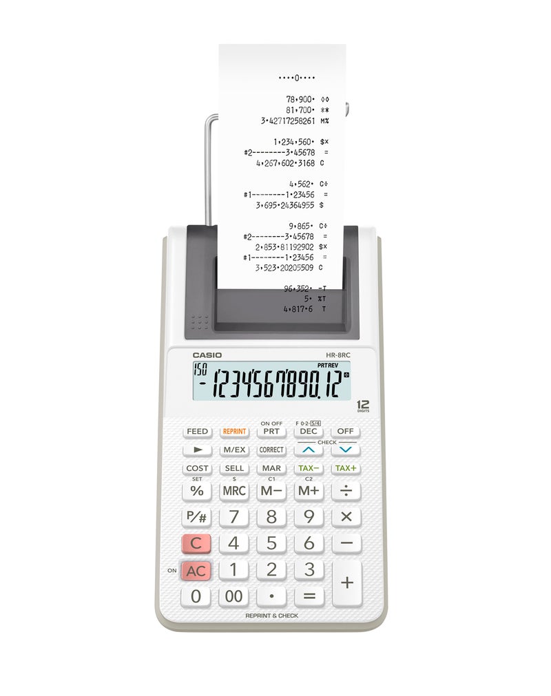 Casio HR-8RC 12-Digit Mini Printing Calculator with 2-Color Printing, Reprint Function, Check & Correct & Business Features black