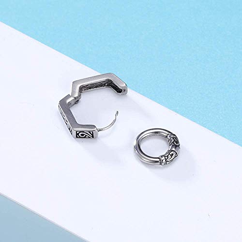 PunkTracker Pair Hexagon Circle Surgical Steel Earrings Unisex Vintage Gothic Punk Hoop Dangle Earrings for Women Men - Image 5