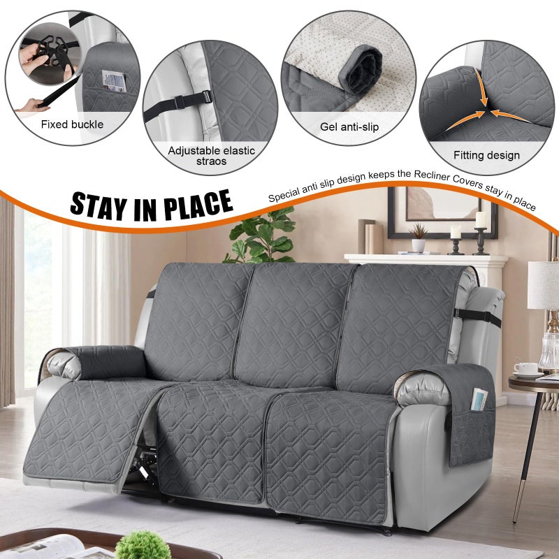 VANSOFY Waterproof Recliner Couch Covers, Sofa Covers 1-Piece Washable Reclining Sofa Cover Non-Slip Furniture Protector with Elastic Straps Pocket for Dogs, Pets(Dark Gray,3 Seater) - Image 3