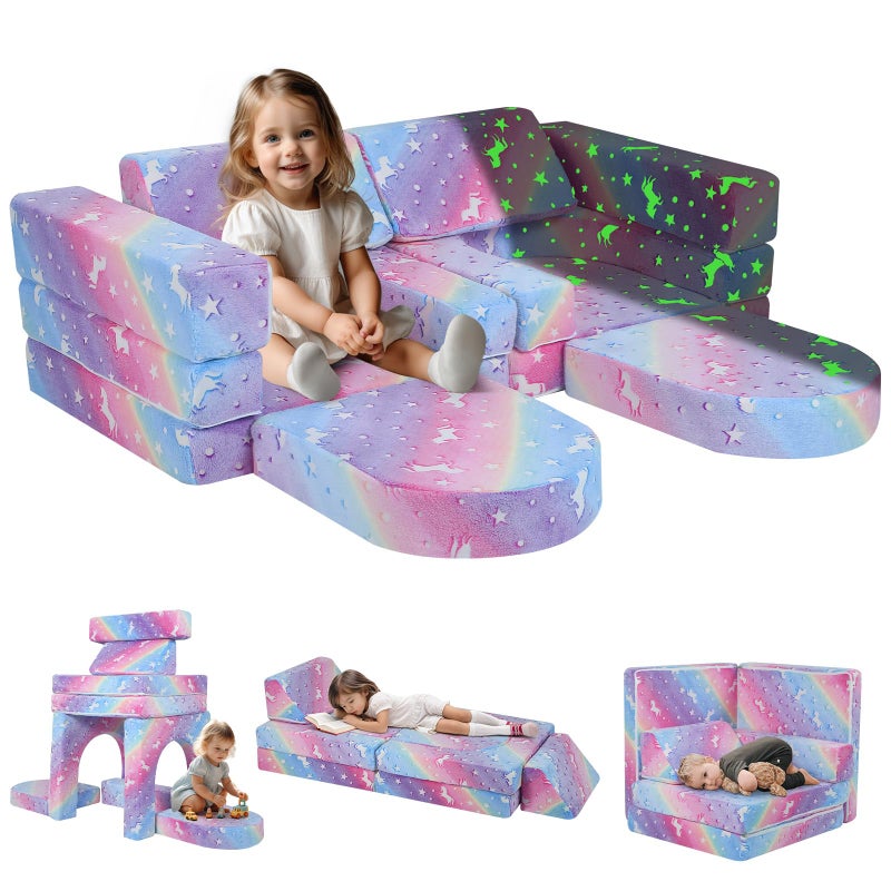 MeMoreCool 10Piece Kids Couch Sofa Modular Toddler Couch Glow Sofa Bed for Playroom Bedroom Fold Out Play Couch for Girl Boy Kids Convertible Sofa Sectional Foam Playset Rainbow
