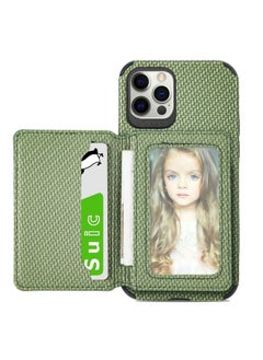 Generic Case Cover For iPhone 12 Pro Max Carbon Fiber Magnetic Card Bag TPU+PU Shockproof Back Cover Case with Holder & Card Slot & Photo Frame Green 