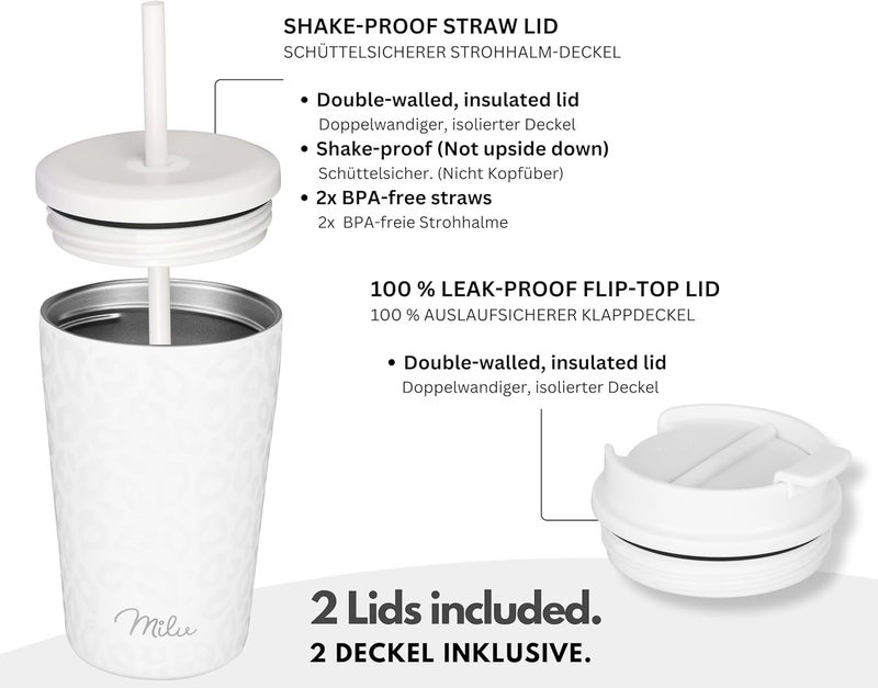 Milu Thermal Mug 300 ml - 100% Leak-Proof - Stainless Steel Coffee Mug to Go Insulated with Straw Keeps 10 Hours Hot / 20 Hours Cold, BPA-Free (White Leopard, 300 ml) - Image 2
