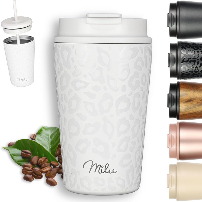 Milu Thermal Mug 300 ml - 100% Leak-Proof - Stainless Steel Coffee Mug to Go Insulated with Straw Keeps 10 Hours Hot / 20 Hours Cold, BPA-Free (White Leopard, 300 ml) - Image 1