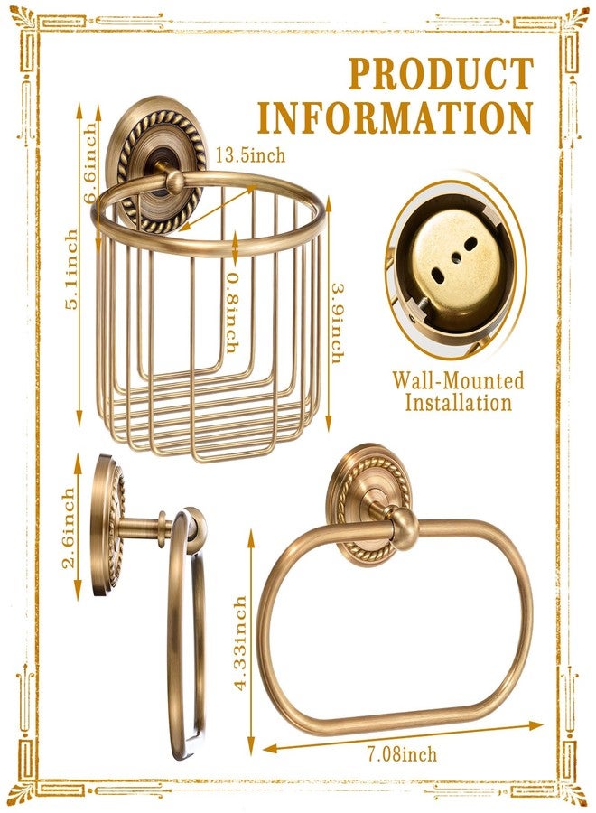 Lounsweer 2 Pcs Antique Brass Toilet Paper Holder, Brass Towel Ring Gold Bathroom Accessories Set Wall Mount Vintage Gold Tissue Roll Holder for Washroom Storage - Image 2
