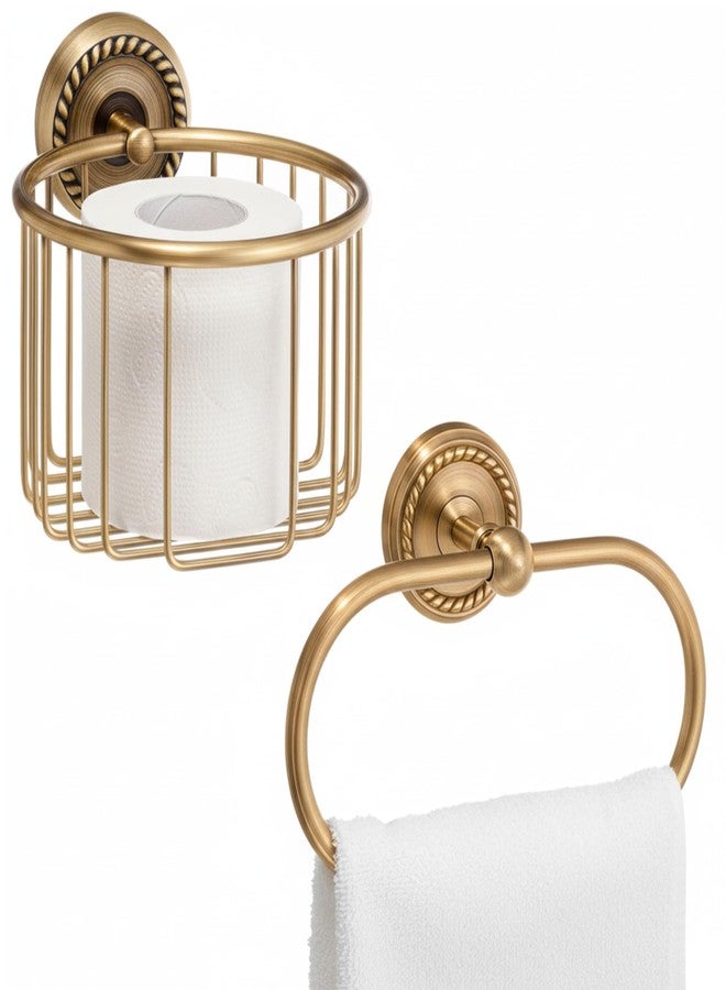 Lounsweer 2 Pcs Antique Brass Toilet Paper Holder, Brass Towel Ring Gold Bathroom Accessories Set Wall Mount Vintage Gold Tissue Roll Holder for Washroom Storage - Image 1