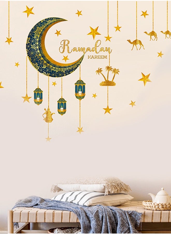 Lemon Ramadan Mubarak Window Clings, Lantern Moon Star Wall Stickers, Party Supplies Decorations Islamic Muslim Happiness Al-fitr Kareem Cut-Out Decals for Home Islam Decor (Gold Blue)  - Image 1