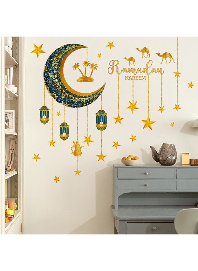 Lemon Ramadan Mubarak Window Clings, Lantern Moon Star Wall Stickers, Party Supplies Decorations Islamic Muslim Happiness Al-fitr Kareem Cut-Out Decals for Home Islam Decor (Gold Blue)  - Image 2
