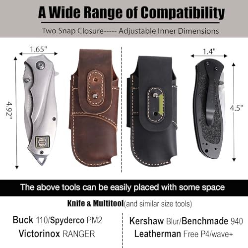 Topstache Leather Knife Sheath for Belt - Horizontal Carry Knife Holster - EDC Belt Organizer - Leather Multitool Sheath Pouch with Two Snap Closure for Folding Knife, Black - Image 4