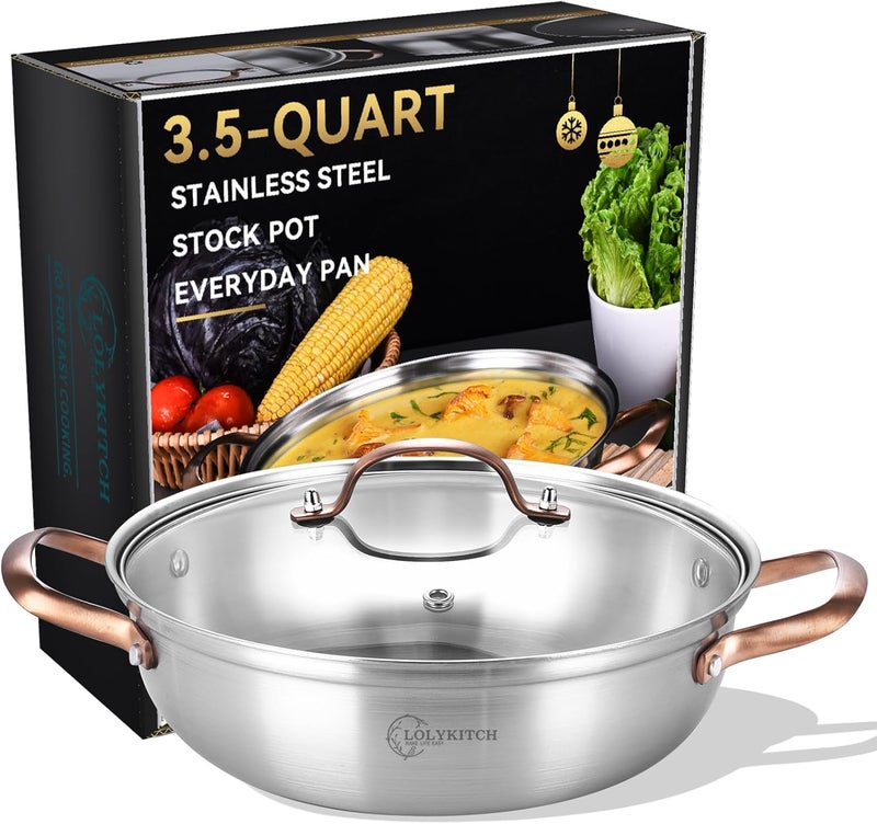 LOLYKITCH 11 Inch Tri-Ply Stainless Steel Sauté Pan with Lid,3.5 QT Everyday Pan,Kadhai,Induction Cooking Pan,Dishwasher and Oven Safe. - Image 1