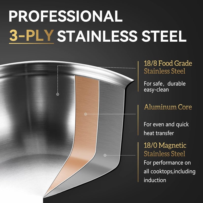 LOLYKITCH 11 Inch Tri-Ply Stainless Steel Sauté Pan with Lid,3.5 QT Everyday Pan,Kadhai,Induction Cooking Pan,Dishwasher and Oven Safe. - Image 2