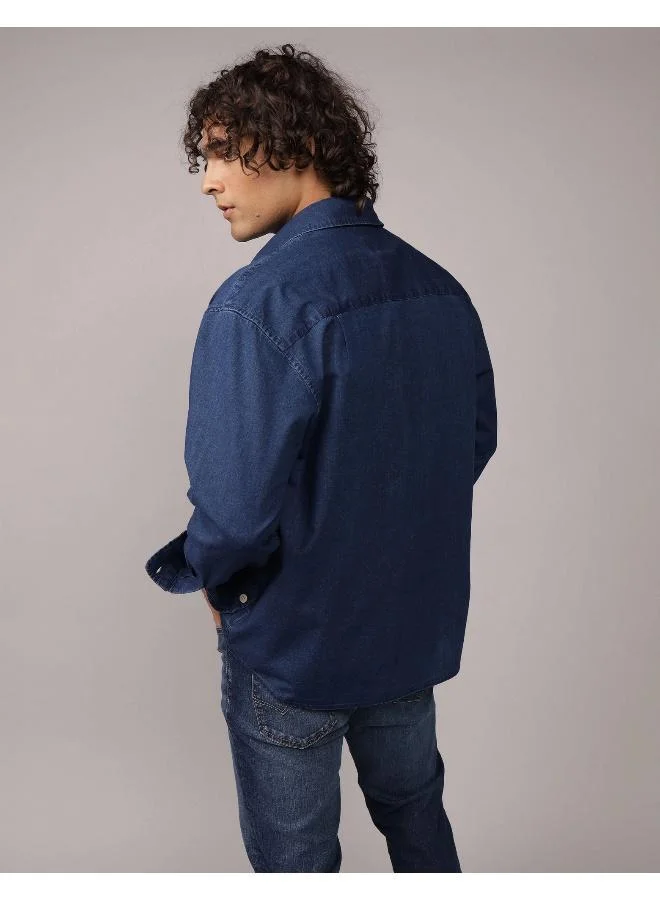 American Eagle DARK INDIGO WASH AE Relaxed Fit Denim Shirt for Men