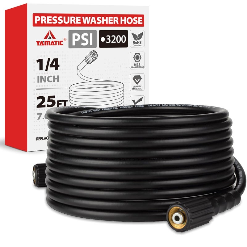 YAMATIC Pressure Washer Hose 25 FT 1/4" ID, USA Standard M22 Brass Fittings, 3200 PSI Kink-Resistant Replacement for High Power Washers - Image 1