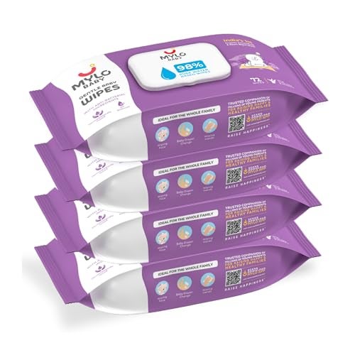 Mylo Gentle Baby Wipes with Lid (72 Wipes x 4 Pack - 288 Water Wipes) | Natural Wet Wipes with Organic Coconut Oil & Neem| Cotton Cloth with Extra Thick - Image 1
