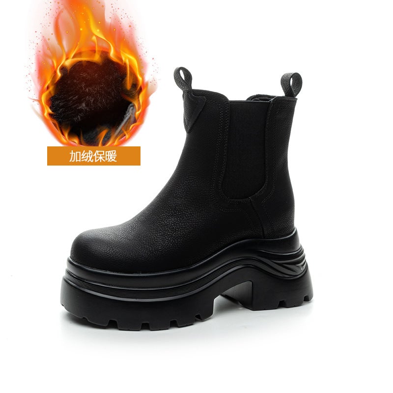 Thick-Soled Height-Increasing Martin Boots for Women, 2026 Autumn and Winter New Casual Fashion British Style Slip-On Versatile Chimney Boots for Women - Image 1