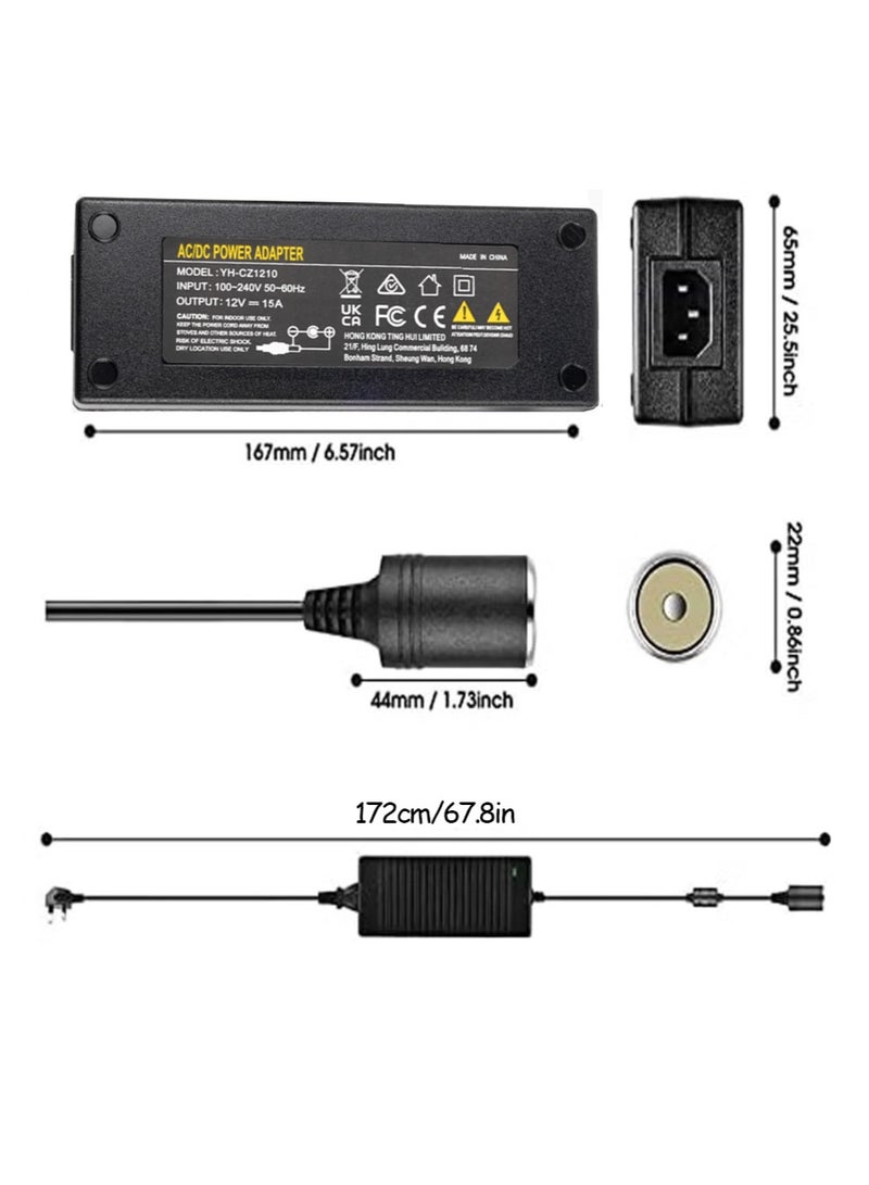 220V to 12V 15A power converter, AC to DC converter, 12v 15A car cigarette lighter socket, AC/DC power adapter, transformer for tire inflator/car refrigerator/car vacuum cleaner - Image 5