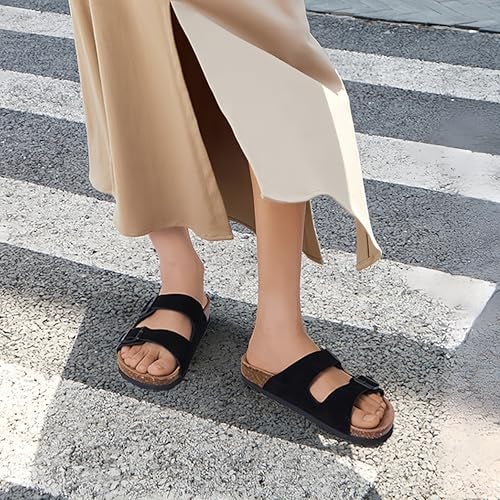 ODOLY Unisex Cork Footbed Slide Sandal, Arch Support Summer Outdoor Sandals with Adjustable Buckle for Women and Men, Black Suede 37 (6.5-7 Women/5-5.5 Men) - Image 2