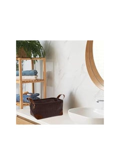 Generic Soft Velvet Fabric Bathroom Accessories Storage Basket Organizer Storage Basket with 2 Small Handles Made of Traditional Leather, 23cm x 12cm x 16cm (Brown)  - Image 3