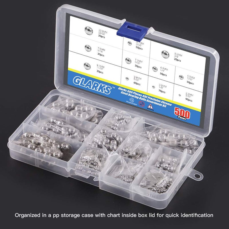 Glarks 500Pcs 11 Size 3/32''-13/32'' SAE Precision Chrome Steel Assorted Loose Bicycle Bearing Ball Assortment Kit (SAE) - Image 4