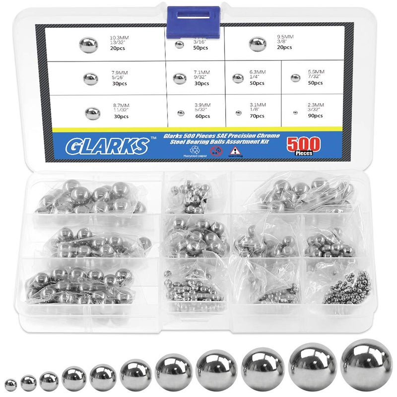 Glarks 500Pcs 11 Size 3/32''-13/32'' SAE Precision Chrome Steel Assorted Loose Bicycle Bearing Ball Assortment Kit (SAE) - Image 1