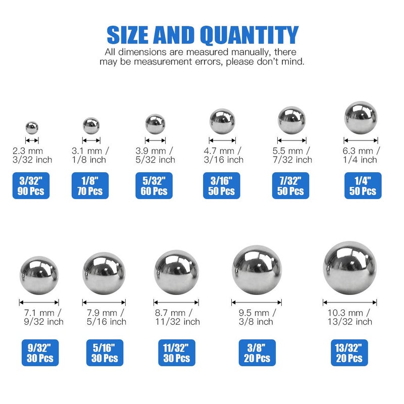 Glarks 500Pcs 11 Size 3/32''-13/32'' SAE Precision Chrome Steel Assorted Loose Bicycle Bearing Ball Assortment Kit (SAE) - Image 2