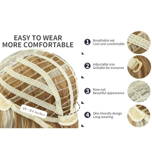 RightOn 22 Inches Blonde Mix Brown Wig Long Curly Mix Blonde Wig with Bangs Long Wavy Wig for Halloween Cosplay Costume Party - Image 5