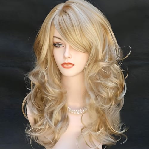 RightOn 22 Inches Blonde Mix Brown Wig Long Curly Mix Blonde Wig with Bangs Long Wavy Wig for Halloween Cosplay Costume Party - Image 3