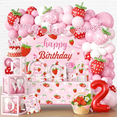 Cocomigo 270 PCS Two Sweet Strawberry Birthday Decorations AllinOne 2nd Birthday Decorations for Girl with Balloon Garland Plates Cups Napkins 2 Tablecloths Banner Backdrop Serves 25 - Image 1