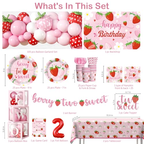 Cocomigo 270 PCS Two Sweet Strawberry Birthday Decorations AllinOne 2nd Birthday Decorations for Girl with Balloon Garland Plates Cups Napkins 2 Tablecloths Banner Backdrop Serves 25 - Image 5