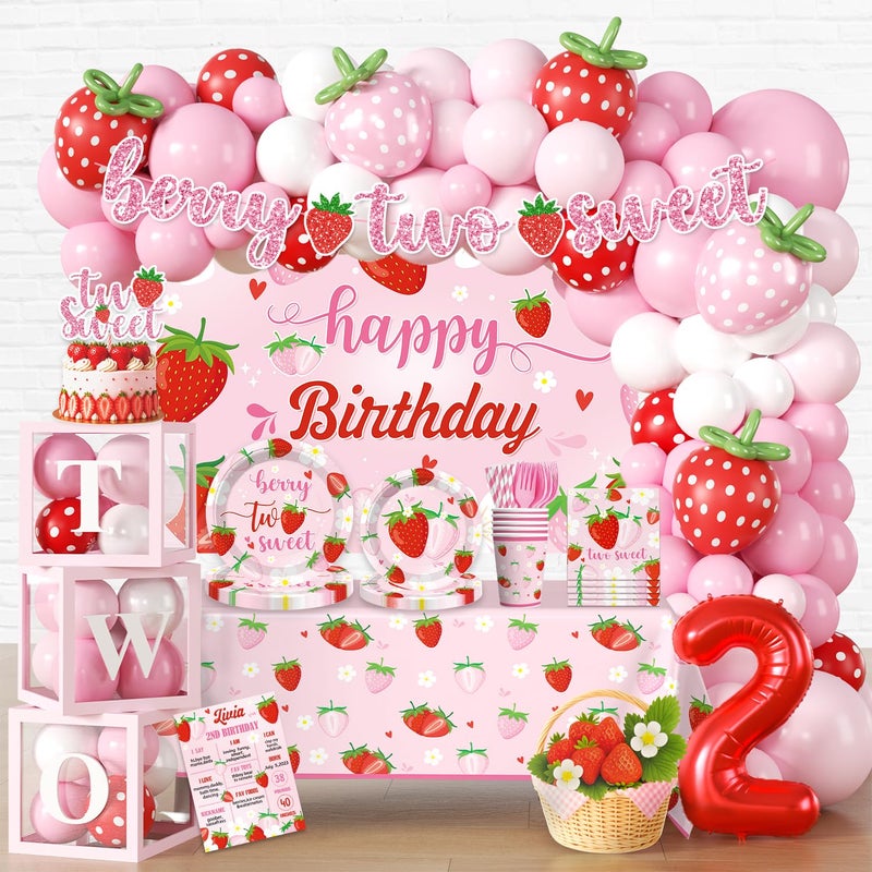 Cocomigo 270 PCS Two Sweet Strawberry Birthday Decorations AllinOne 2nd Birthday Decorations for Girl with Balloon Garland Plates Cups Napkins 2 Tablecloths Banner Backdrop Serves 25 - Image 3