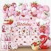 Cocomigo 270 PCS Two Sweet Strawberry Birthday Decorations AllinOne 2nd Birthday Decorations for Girl with Balloon Garland Plates Cups Napkins 2 Tablecloths Banner Backdrop Serves 25 - Image 2