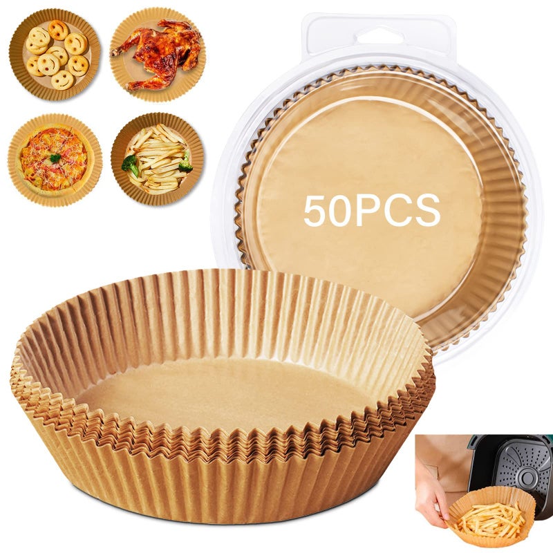Air Fryer Liners,50 PCS Air Fryer Disposable Paper Liners 8 inch,Round Nature Parchment Non-Stick Air Fryer Liners,Oil-Proof,Water-Proof,Food Grade Large Baking Paper for Baking Roasting Microwave - Image 1