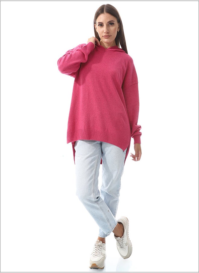 Andora Fuchsia High-Low Knitted Hoodie_Pink 