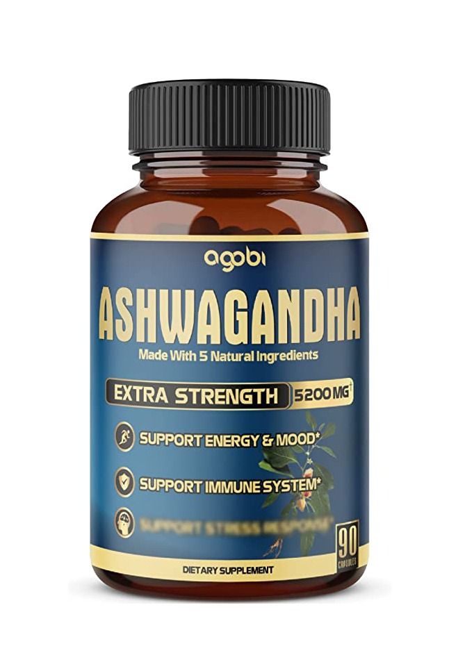 كبسولة مستخلص اشواغاندا قوة كبيرة 5200mg من مسحوق. مزيج جذور الزنجبيل والكركم والكركمين وجذر الجذر الذهبي والفلفل الأسود - 90 كبسولة - كمية تكفي لمدة 3 أشه