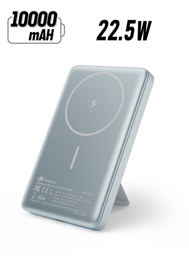 Mezone 10000mAh Magnetic Powerbank, Wireless Portable Charger Fast Charging, PD 22.5W Wired Charging, iPhone Magnetic Charger Battery Pack for iPhone 15/14/13/12 Series, Metallic Light Blue - Image 1