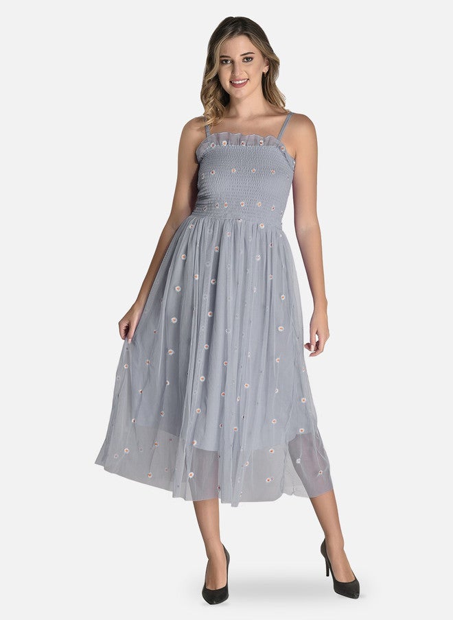 FIMS Embroidered Fit & Flare Net Midi Dress - Image 1