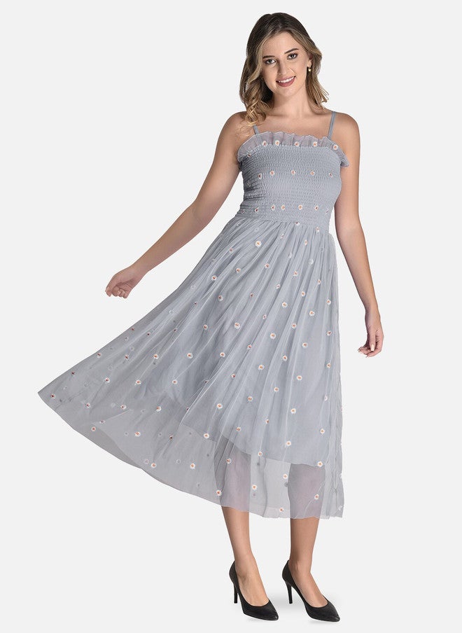 FIMS Embroidered Fit & Flare Net Midi Dress - Image 3