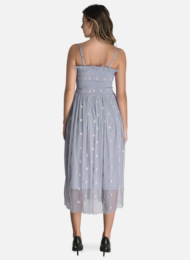 FIMS Embroidered Fit & Flare Net Midi Dress - Image 5
