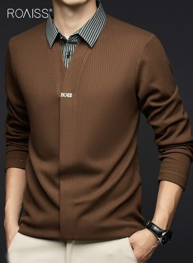 رويس قميص بولو رجالي كاجوال بأكمام طويلة وتصميم فضفاض ومريح مع ياقة وأساور متباينة أنيقة، وهيكل متين، مثالي لفصلي الربيع والخريف، متعدد الاستخدامات ضروري للارتداء غير الرسمي - Image 1