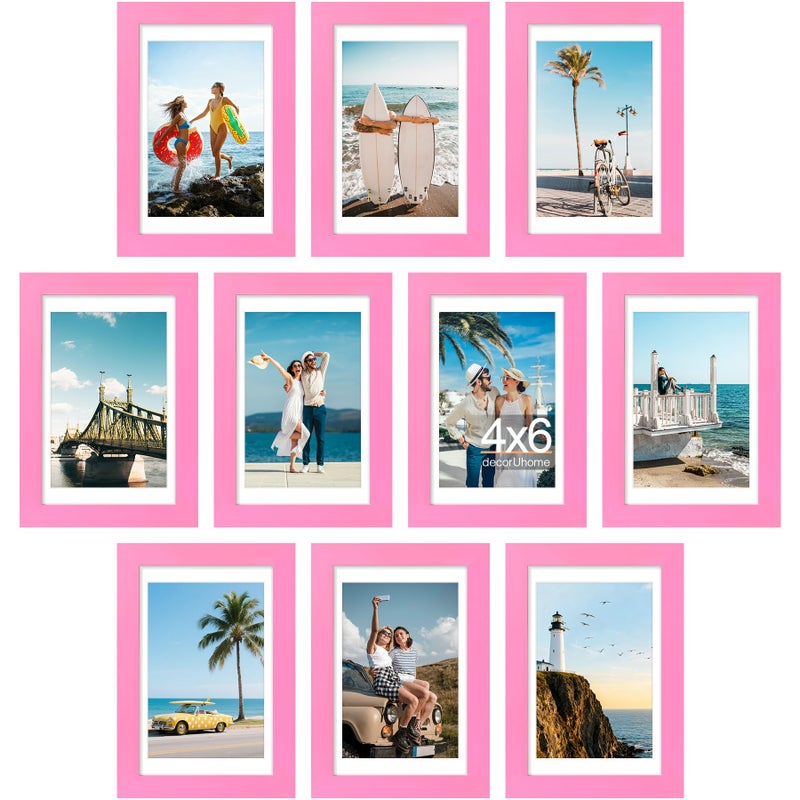 decorUhome 4x6 Picture Frame Set of 10, Display Photos 3.5x5 with Mat or 4x6 Unmatted for Picture Frames Collage Wall Decor, Pink - Image 1