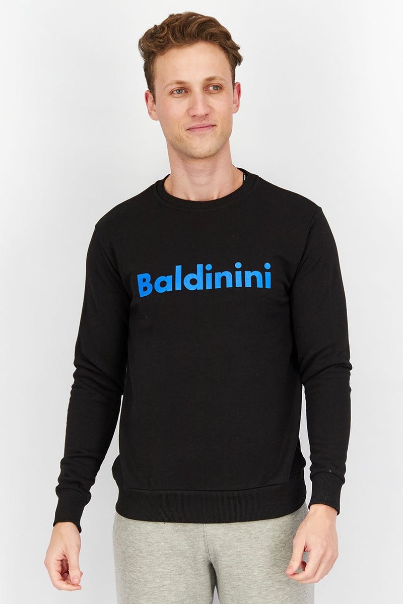 Baldinini Men Crew Neck Brand Logo Print Long Sleeves Sweatshirt, Black and Blue - Image 1