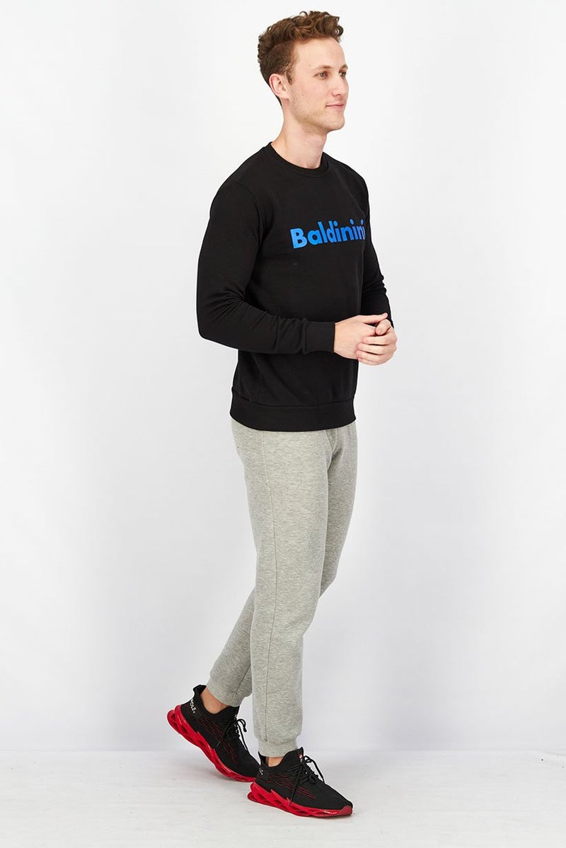 Baldinini Men Crew Neck Brand Logo Print Long Sleeves Sweatshirt, Black and Blue - Image 2